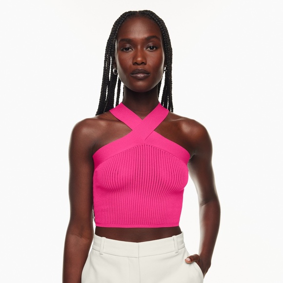 Aritzia Babaton sculpt Knit ribbed Criss Cross Cropped Tank eros pink size small - Picture 1 of 7